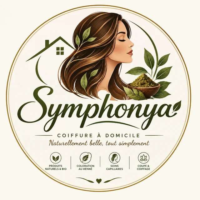 Logo Symphonya, coiffure à domicile : femme aux cheveux colorés au henné, feuilles et bol de henné, slogan « Naturellement belle, tout simplement »